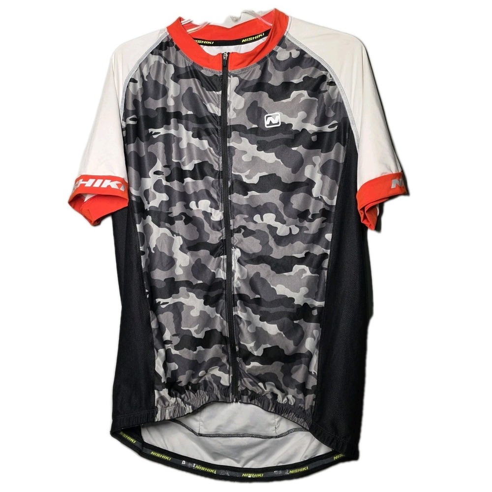 NISHIKI Men's White Red Gray Black‎ Camo Large Full Zip Cycling Jersey Shirt